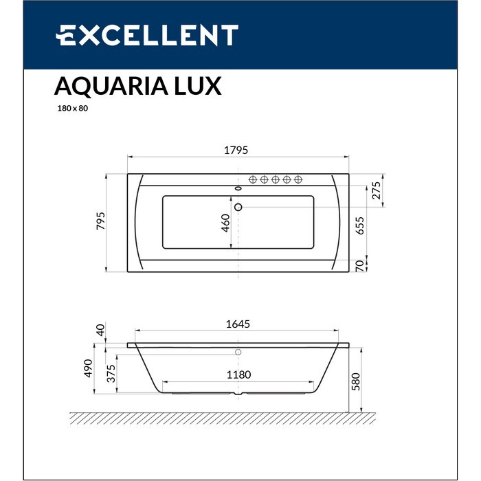 Ванна lux 180x80 line, Excellent Aquaria, белый арт. WAEX.AQU18.LINE.WH