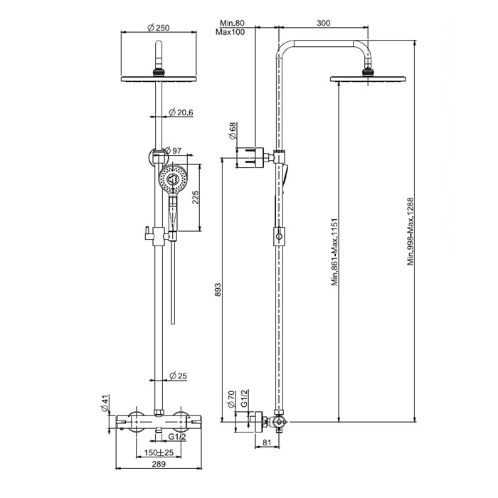Fima Carlo Frattini душевая стойка: смеситель для душа термостатический, внешнего монтажа, с душ стойкой, верхним душем d250мм wellness, хром арт. f4885/rp259cr