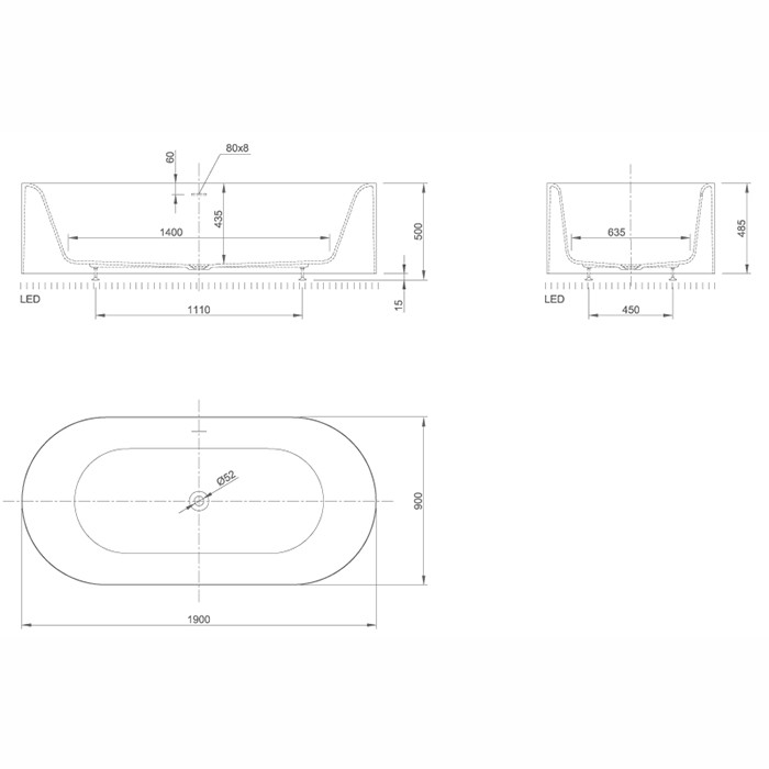 Knief ванна 190x90x50см., отдельностоящая, c встроенной LED подсветкой, с слив переливом, Moon, 0600-030-01 цвет: белый