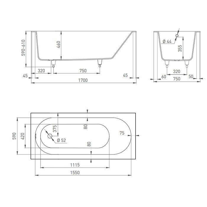 Salini ванна встраиваемая 170x75, ornella, 102321mrf цвет: матовый белый