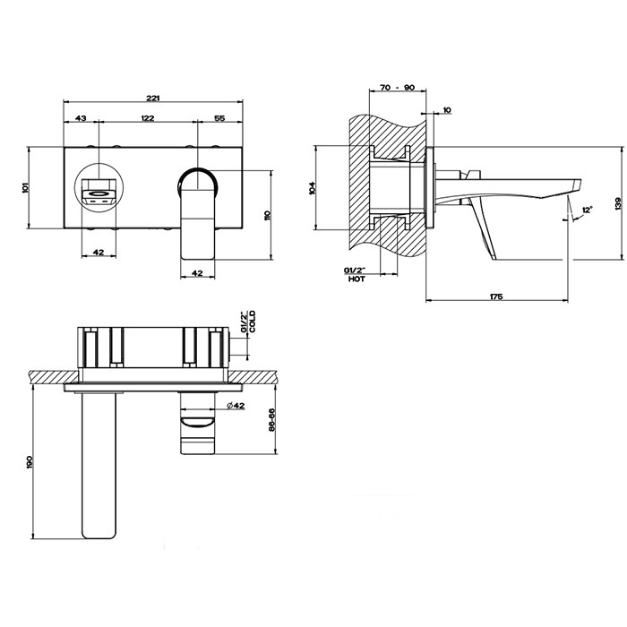 Gessi Встраиваемый смеситель для раковины с изливом 175мм, Rilievo, 59092#299 цвет: nero xl