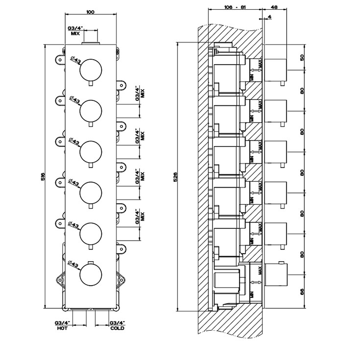 Gessi Встраиваемый термостатический смеситель на 5 источников, резьба 3/4", 316, 54520#707 цвет: brushed black metal pvd