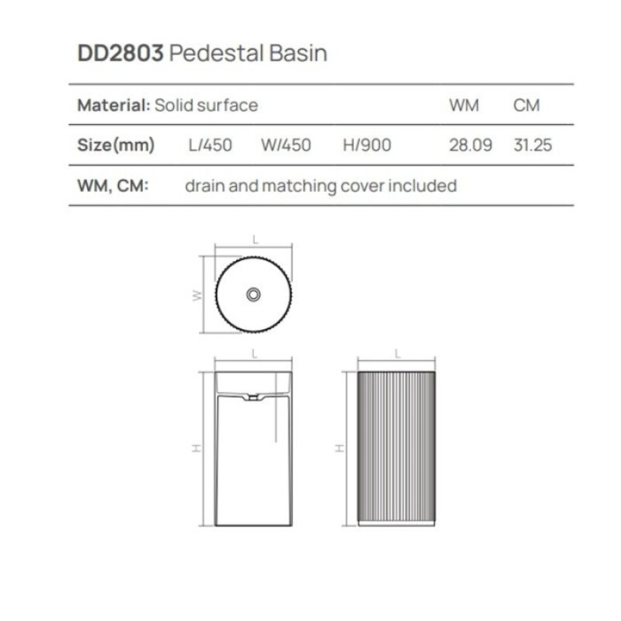 Раковина из искусственного камня 45 см, DEA Design Pedestal Basin, белый арт. DD2803 450 18