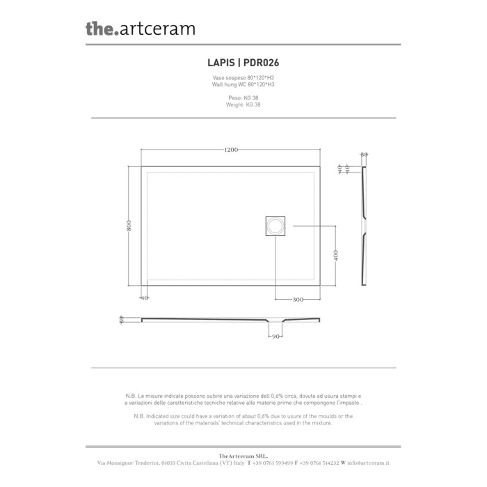Душевой поддон керамический 120х80хh3 см, белый матовый, Art Ceram Lapis арт. PDR026 05 00