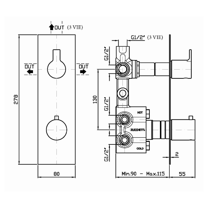 Zucchetti встроенный термостатический смеситель для душа, 2-х канальный, on, хром арт. zon646 r97810