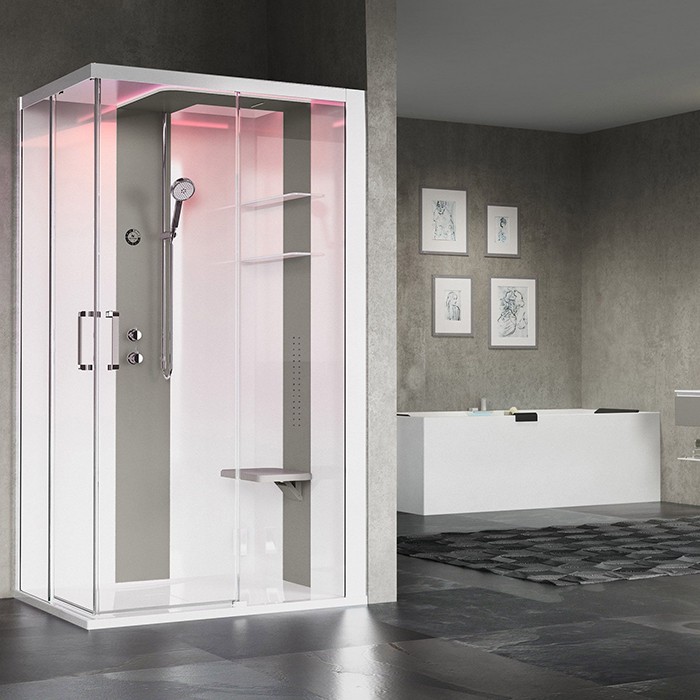 Novellini душевая кабина 120х80х217.5cмм, dx, essential, поддон 12.5см, с термостатическим смесителем, стекло, skill, skia129dt1f-1an1 цвет: белый глянцевый/light grey