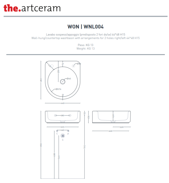 Раковина подвесная/накладная 48x44, ArtCERAM Won, белый арт. WNL004 01 34