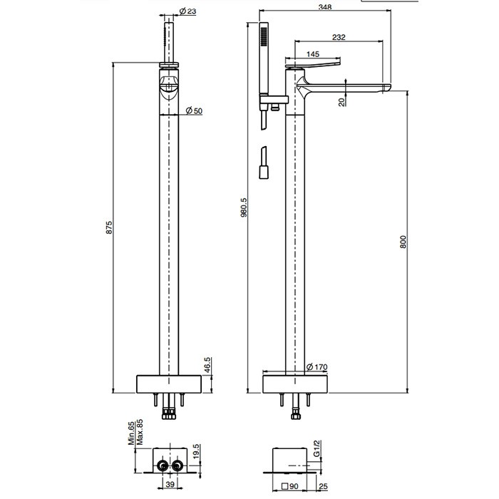 Fima Carlo Frattini смеситель для ванны, напольный, с ручным душем, flo, черный арт. f3804/6nns