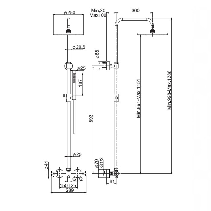Fima Carlo Frattini душевая стойка: смеситель для душа термостатический, внешнего монтажа, с душ стойкой, верхним душем d250мм wellness, хром арт. f4885/rp251cr