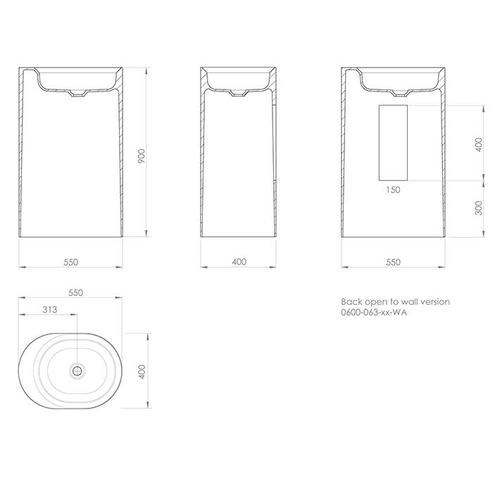 Knief раковина 55х40х90 см, приставная, без перелива, вывод в стену, Glow, 0600-063-01WA цвет: белый