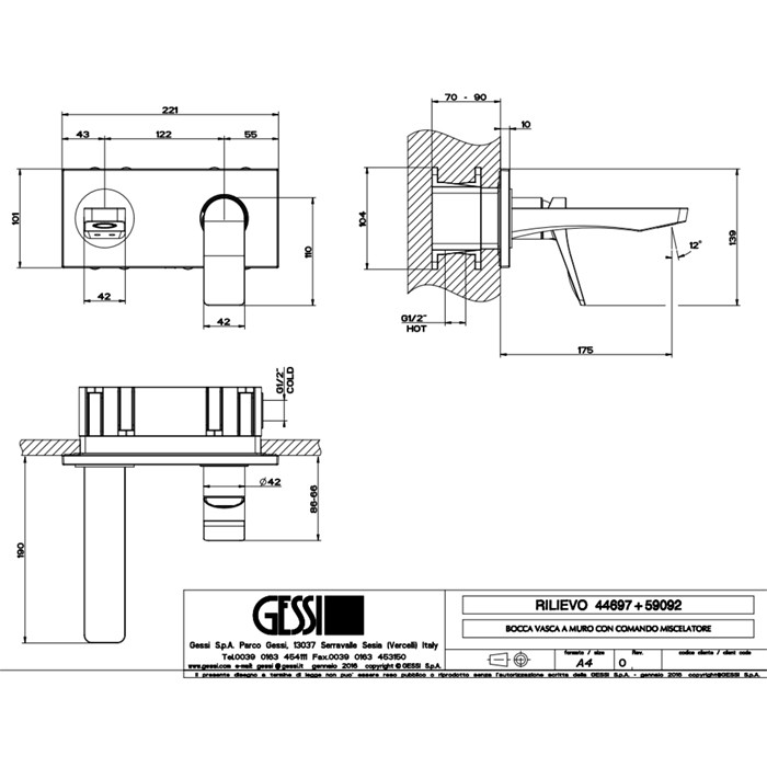 Gessi Встраиваемый смеситель для раковины с изливом 175мм, Rilievo, 59092#031 цвет: хром