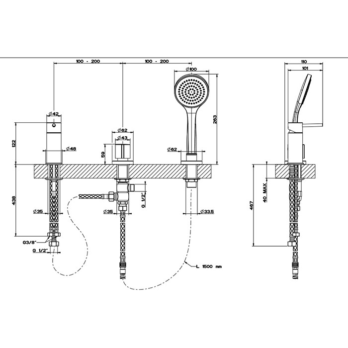 Gessi Смеситель для ванны, на 3 отв., наполнение через слив-перелив, лейка, Emporio Via tortona, 18643#149 цвет: finox brushed nickel