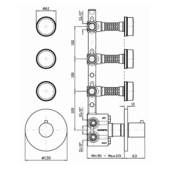Zucchetti встроенный термостатический смеситель с 3 запорными клапанами, savoir, хром арт. zsa661.cc r97822