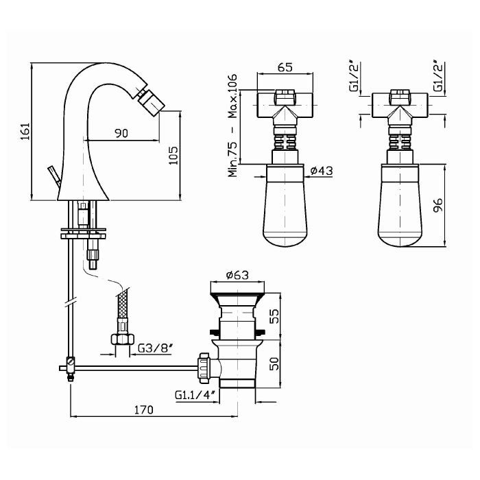 Zucchetti смеситель для биде, на 1 отв, и встраиваемые ручки, nude, черный арт. znu689.c50