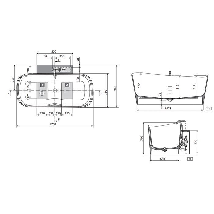 Novellini ванна 170х94х70cм, в комплекте со смесителем хром, с донным клапаном click-clack, novotech, infinitive, inf1170752cp-uu цвет: белый матовый