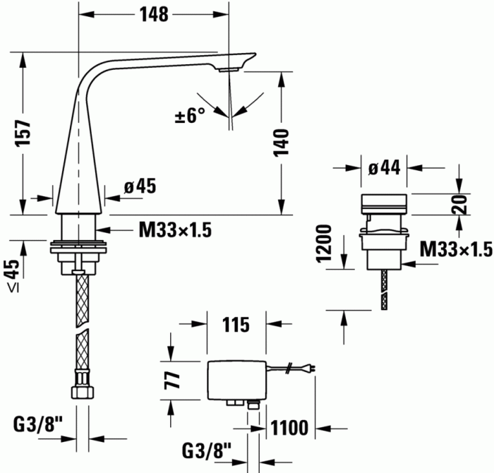 Duravit электронный смеситель для раковины на два отверстия, с питанием от сети, d.1, d11100007046 цвет: черный матовый