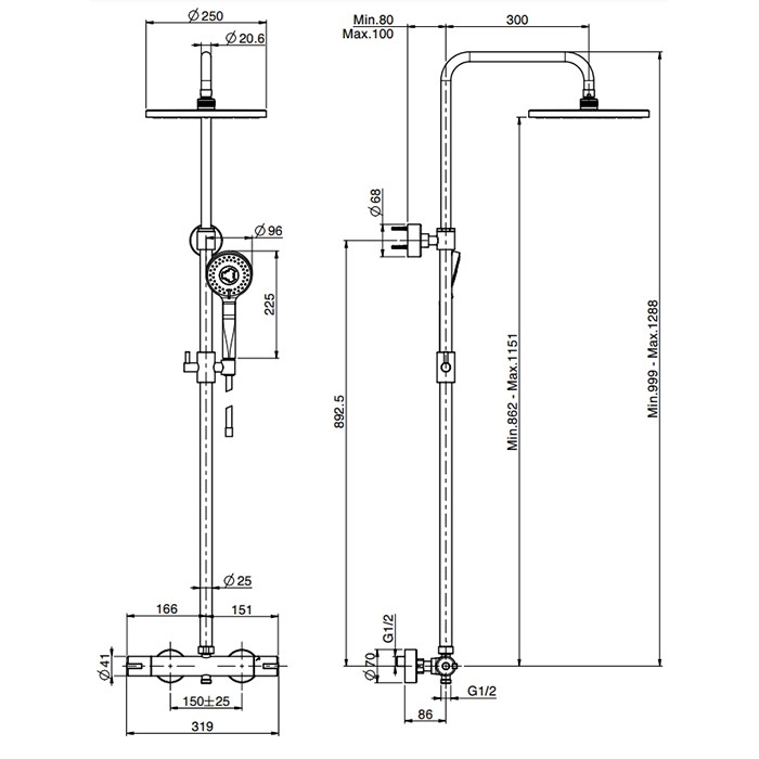 Fima Carlo Frattini душевая стойка, верхний душ 25см., со смесителем, с держателем и ручным душем colonne doccia, хром арт. f3155/rp259cr