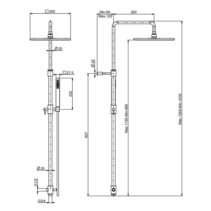 Fima Carlo Frattini душевая стойка с переключателем, верхним душем 300х300 мм. из латуни, ручным душем и шлангом 1500 мм wellness, хром арт. f2200lcr