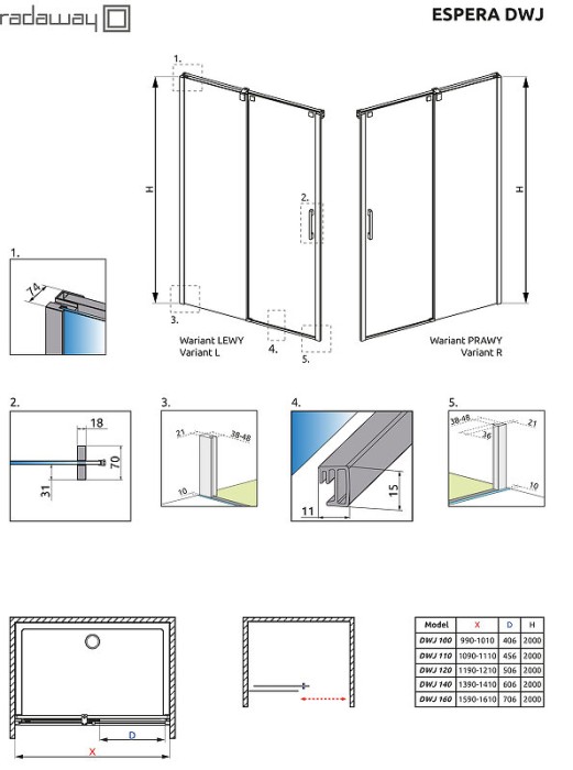 Radaway душевая дверь dwj 160 профиль хром стекло прозрачное, Espera - 380795-01L