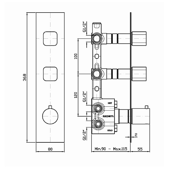 Zucchetti встроенный термостатический смеситель с 2 запорными клапанами, jingle, хром арт. zin660 r97821