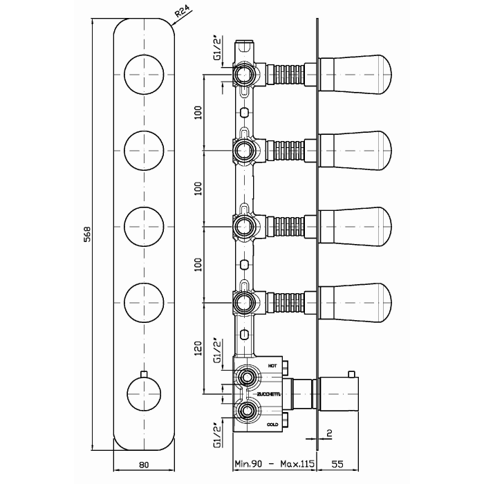 Zucchetti встроенный термостатический смеситель с 4 запорными клапанами, nude, хром арт. znu662