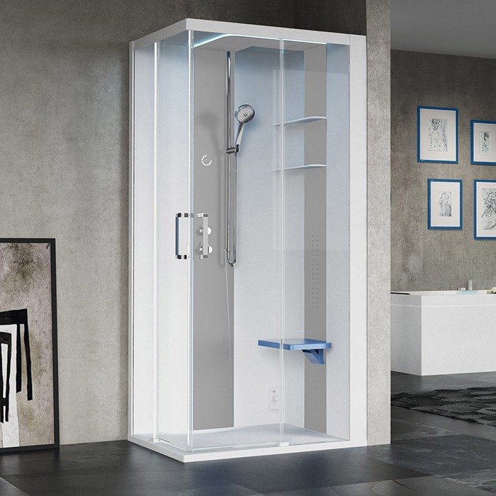 Novellini душевая кабина 100х80х217.5cмм, dx, essential, поддон 12.5см, с термостатическим смесителем, стекло, skill, skia109dt1f-1an1 цвет: белый глянцевый/light grey