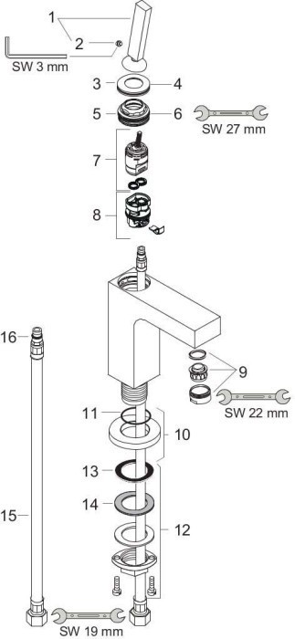 AXOR смеситель для раковины, однорычажный, 110 с тонкой рукояткой, с не запираемым сливным набором, Citterio, сталь арт. 39018800
