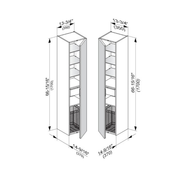 Keuco шкаф - пенал высокий подвесной петли справа, 3 стеклянные полки, с бельевой корзиной, edition 11, черный арт. 31331 330001