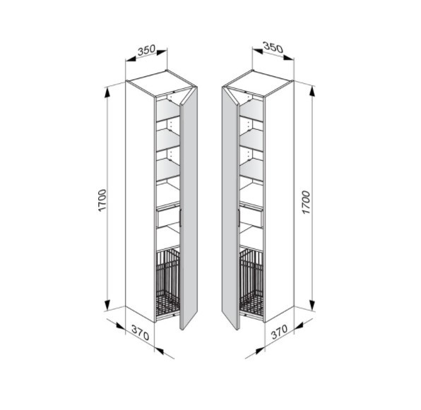 Keuco шкаф - пенал высокий подвесной петли справа, 3 стеклянные полки, с бельевой корзиной, edition 11, черный арт. 31331 330001