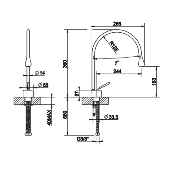 Gessi Смеситель для раковины на 1 отверстие, излив 244мм R=125, с фиксированным носиком, Goccia, 33803#031 цвет: хром