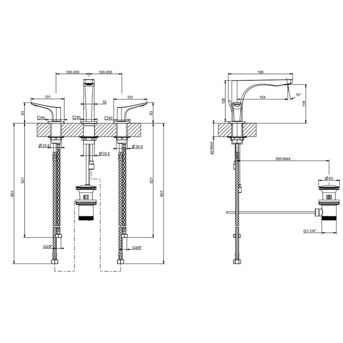 Gessi Смеситель для раковины на 3 отв. с донным клапаном h=125мм, излив 154мм, Rilievo, 59011#031 цвет: хром