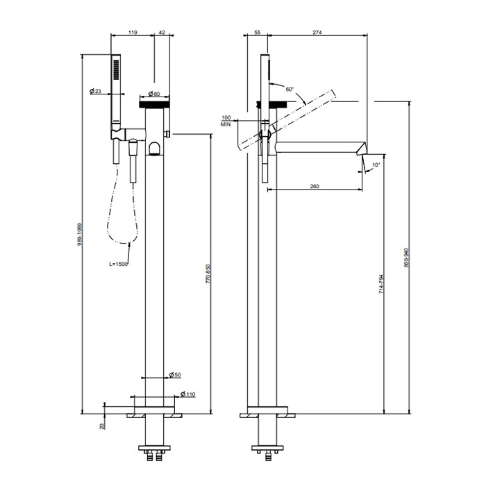 Gessi Смеситель для ванны, напольный, с ручным душем и шлангом 150см., внешняя часть, Anello, 63328#149 цвет: finox brushed nickel
