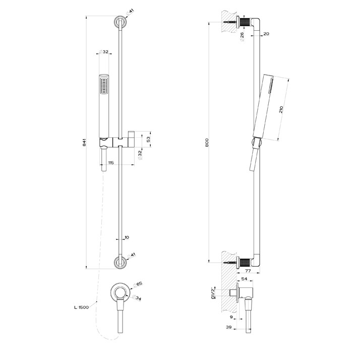 Gessi Штанга в комплекте с душевой лейкой, шланг 1,50 м, вывод воды из стены, Inciso, 58142#149 цвет: finox