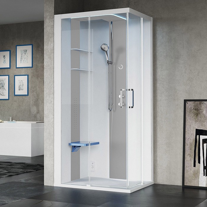 Novellini душевая кабина 100х80х217.5cмм, sx, essential, поддон 12.5см, с термостатическим смесителем, стекло, skill, skia109st1f-1an1 цвет: белый глянцевый/light grey