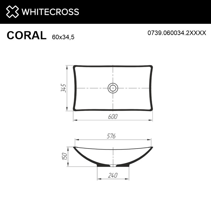 Раковина, накладная 60x34,5, Whitecross Coral, RAL мат арт. 0739.060034.2XXXX