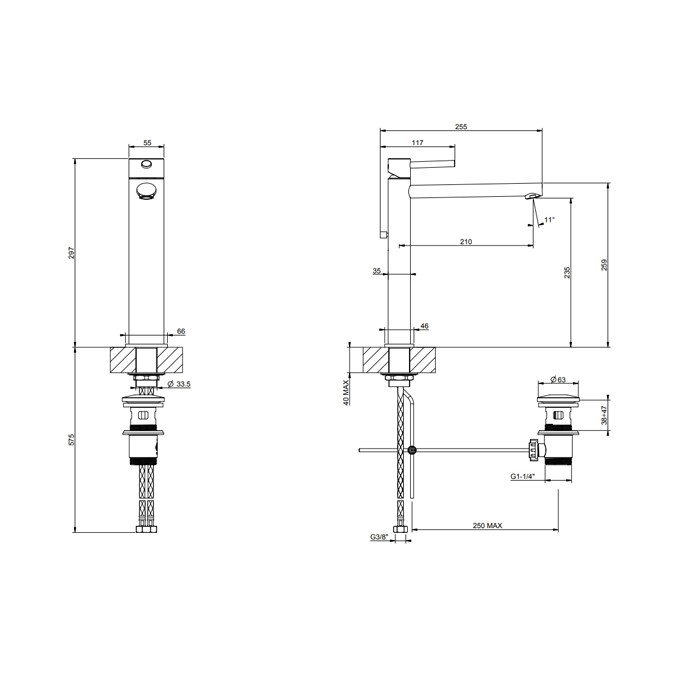 Gessi Смеситель для раковины на 1 отверстие, высокий излив 210мм, с донным клапаном, Ovale, 11943#299 цвет: black xl