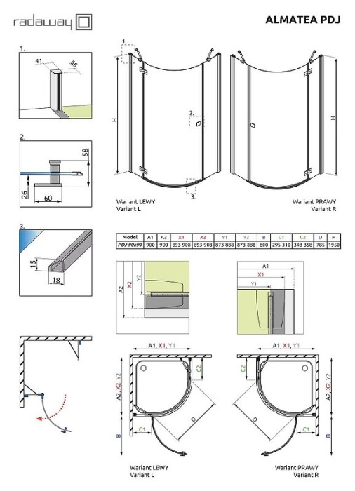 Radaway душевой уголок pdj 90x90 r профиль хром стекло графит, Almatea - 30702-01-05N