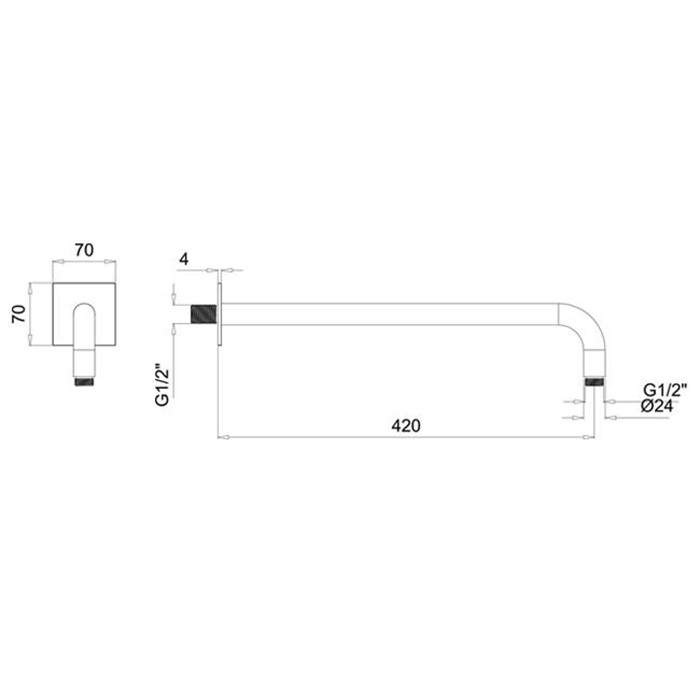 Держатель верхнего душа настенный L42 см, с квадратным отражателем, Almar Velvet Rain, E021116.NB цвет: никель брашированный