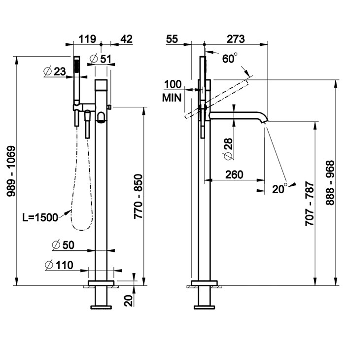 Gessi Смеситель для ванны, напольный, с ручным душем, Habito Intreccio, 70128#031 цвет: хром