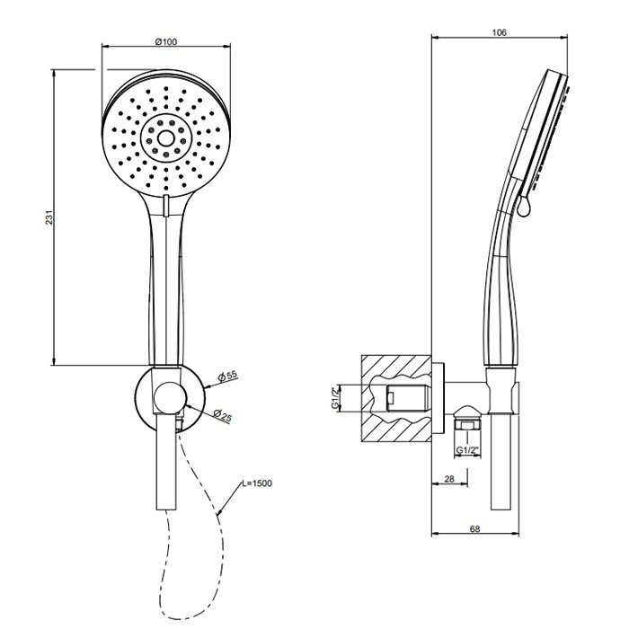 Gessi Душевой гарнитур, вывод воды, держатель, шланг 1,5м и Ручной душ, с 3 режимами струи с защитой от изв. налёта, Emporio shower, 47324#031 цвет: хром