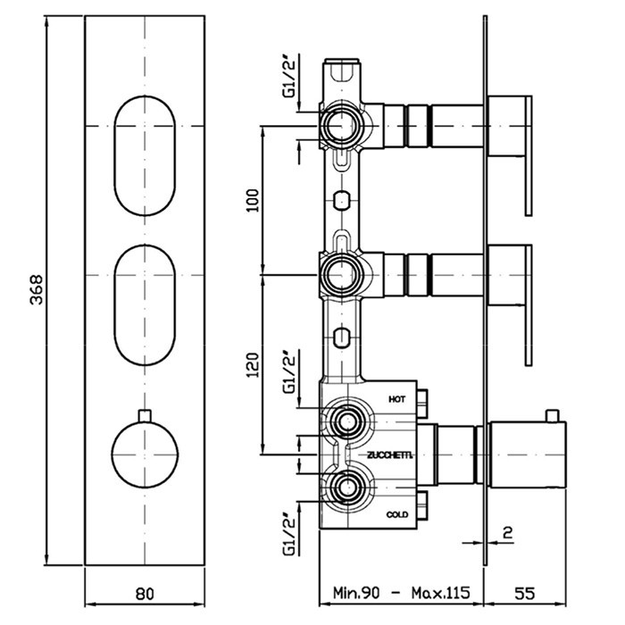Zucchetti смеситель для душа, термостатический, встраиваемый, 2 зап-х вентиля, внешняя часть, octo, brushed metal black арт. zoc660.c51