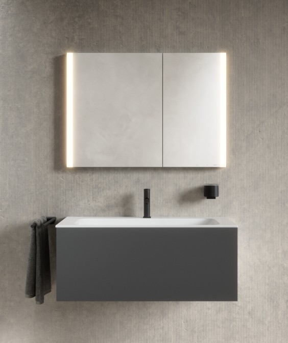 Keuco шкаф с подсветкой и подогревом для встраиваемого монтажа 115 мм х 800 мм х 710 мм, с 2 поворотными ассиметричными дверцами, somaris, черный матовый арт. 14512 372201