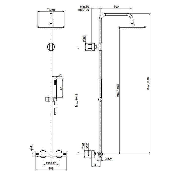 Fima Carlo Frattini душевая стойка, верхний душ 25х25см., с термостатическим смесителем, держателем и ручным душем colonne doccia, хром арт. f4905/qp255cr