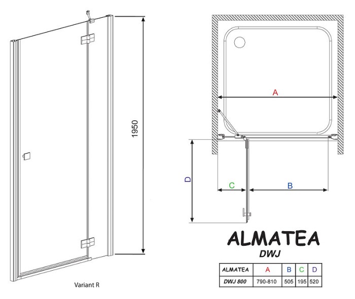 Radaway душевая дверь dwj 80 r профиль хром стекло прозрачное, Almatea - 30902-01-01N