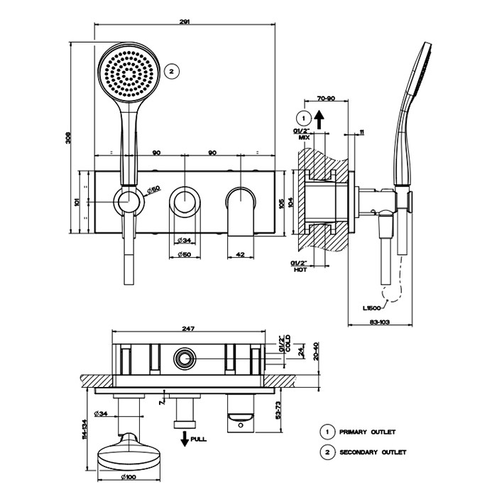 Gessi Смеситель для душа, встраиваемый, на 2 позиции с переключателем, с подводом воды и держателем лейки, душевой лейкой и шлангом, Emporio Via manzoni, 44901#031 цвет: black xl