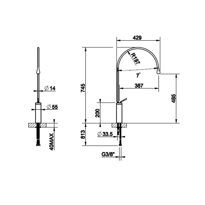 Gessi Смеситель для раковины на 1 отверстие, излив 387мм R=197, с фиксированным носиком, Goccia, 33811#299 цвет: черный