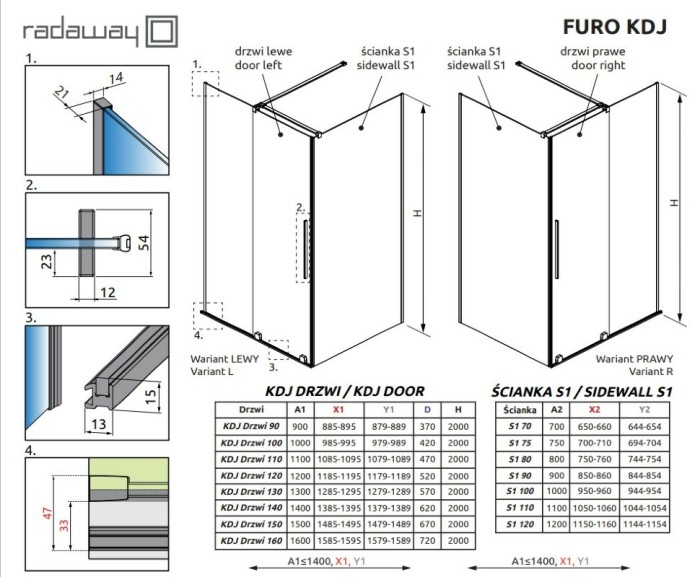 Radaway душевой уголок gold kdj, FURO BRUSHED - 10104672-99-01R, 10110630-01-01, 10113090-01-01