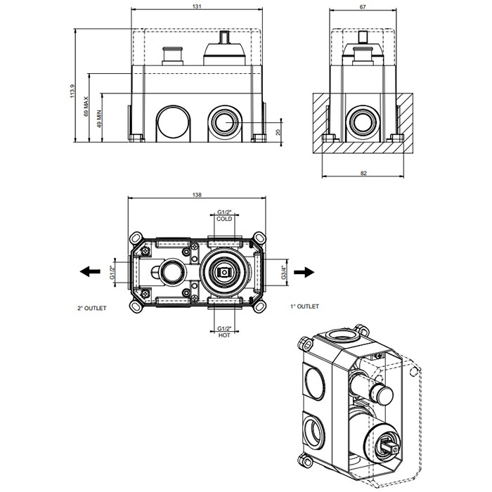 Gessi Встраиваемая часть для смесителя на 2 выхода, Emporio Via manzoni, 38669#031 цвет: хром