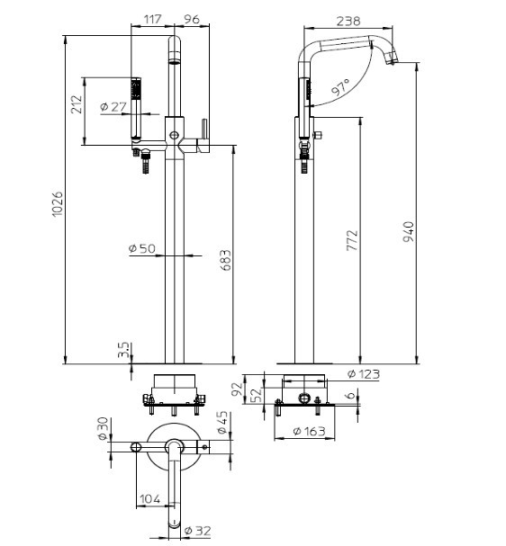 Bossini однорычажный напольный смеситель для ванны со шлангом 125 см и лейкой zen, teo, золото арт. z00751.043