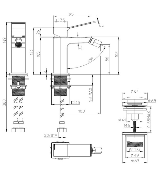 Bossini смеситель однорычажный для биде c донным клапаном, aki, черный арт. z00708.073